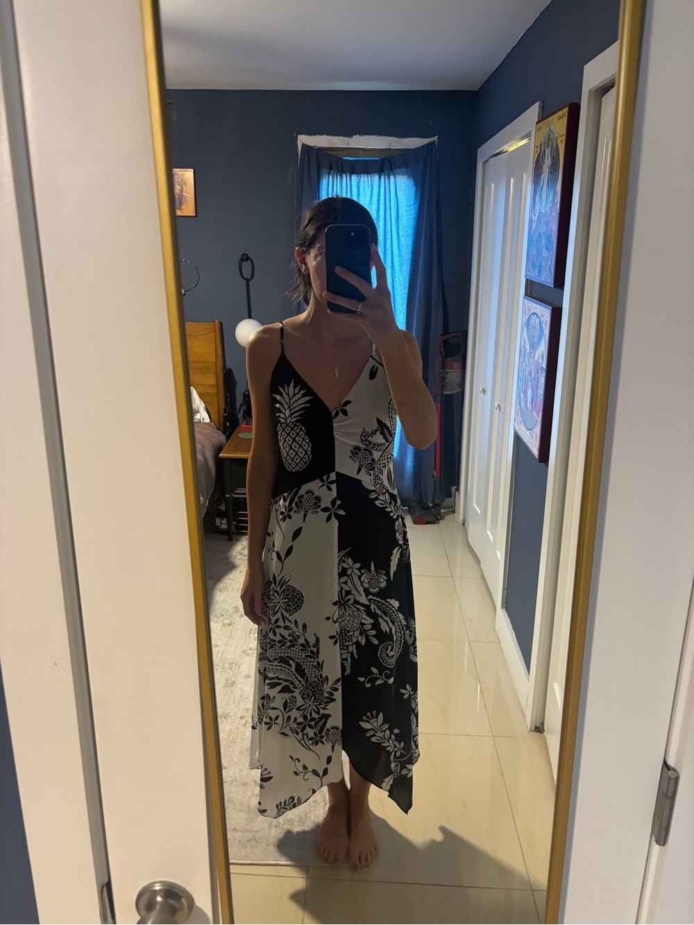 Black & White Floral Patchwork V-Neck Midi Dress